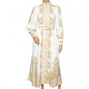 Zimmermann Floral Linen Button-Front Maxi Dress Belted Cream
